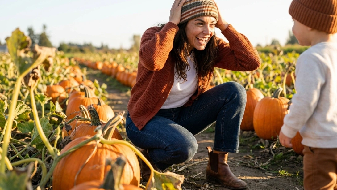 Budget pumpkin patch outfit worn while helping a child at a fall pumpkin patch
