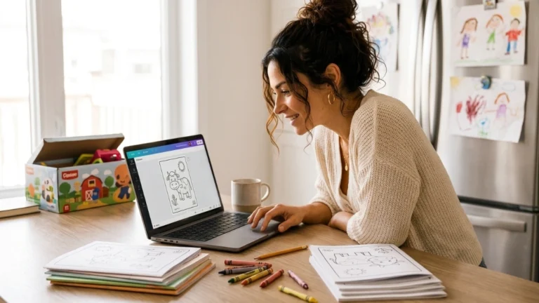 Woman designing a mom coloring book business page on a laptop