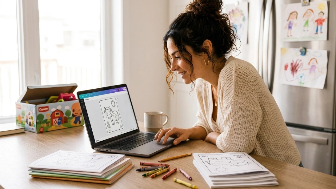 Woman designing a mom coloring book business page on a laptop