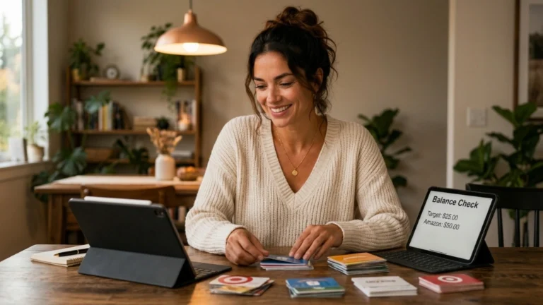 Woman sorting cards, sell unused gift cards safely at home