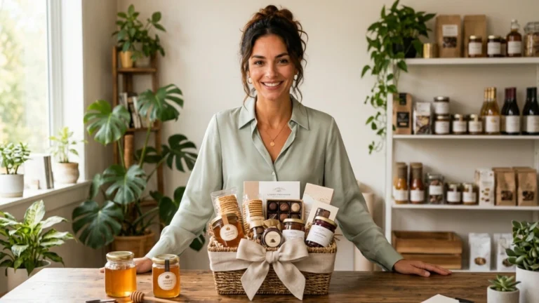 Woman building a home gift basket business, finished baskets on table