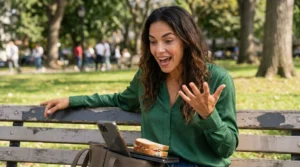Woman recording a paid website testing side hustle session on a park bench