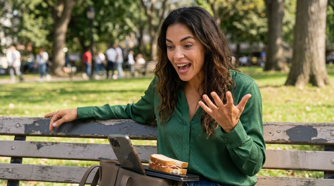 Woman recording a paid website testing side hustle session on a park bench