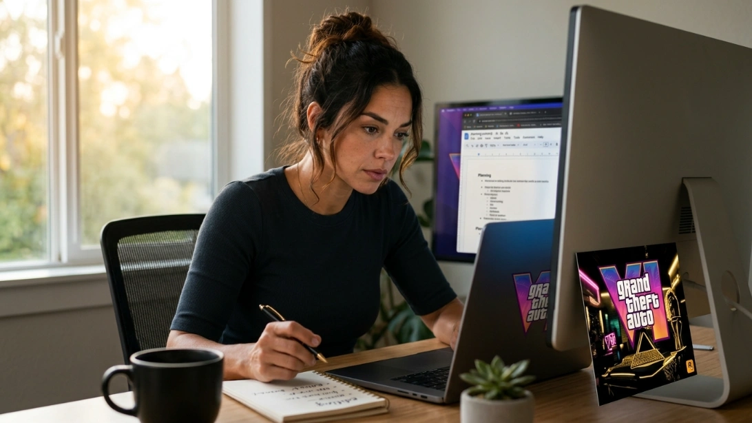 Gaming side hustle for women — woman planning GTA 6 content strategy at desk with notepad and laptop