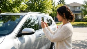 Woman photographing her car before renting out your idle car