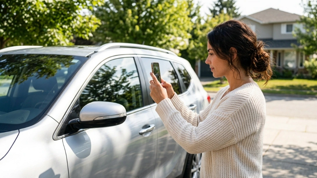 Woman photographing her car before renting out your idle car