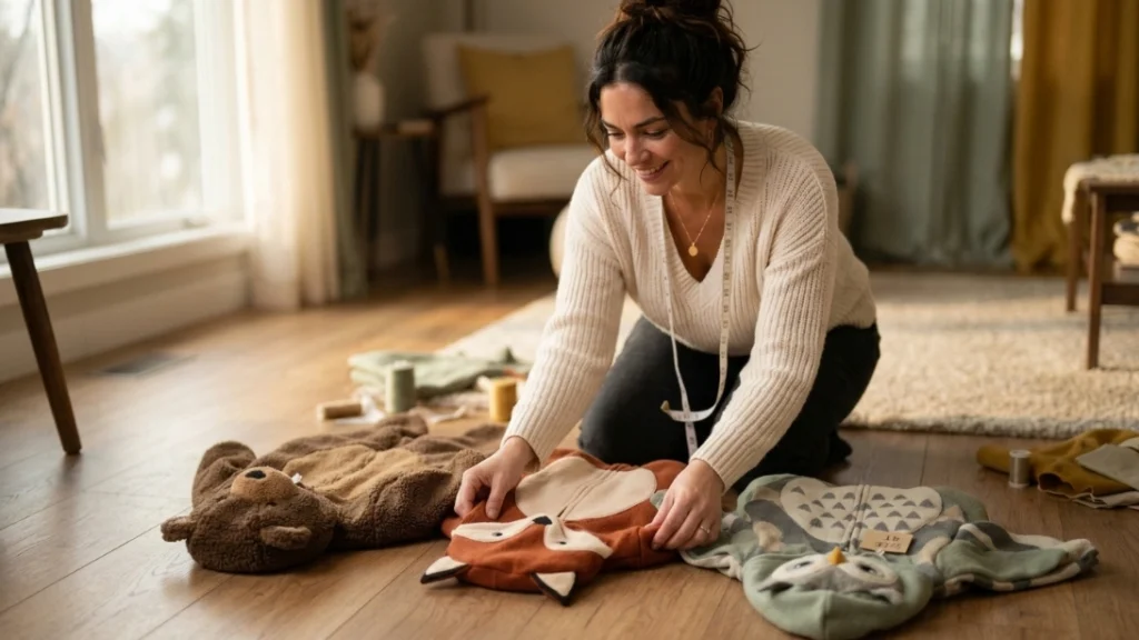 Woman arranging a matching costume set to sell as Etsy Halloween costumes