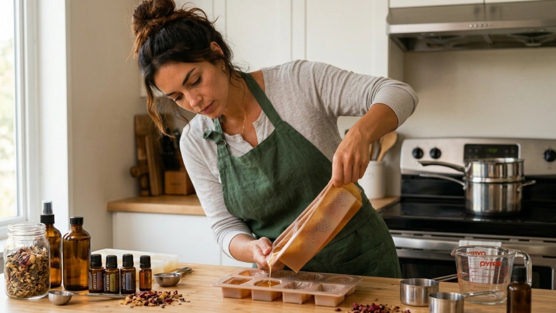 Woman pouring melted soap base for a home soap making business