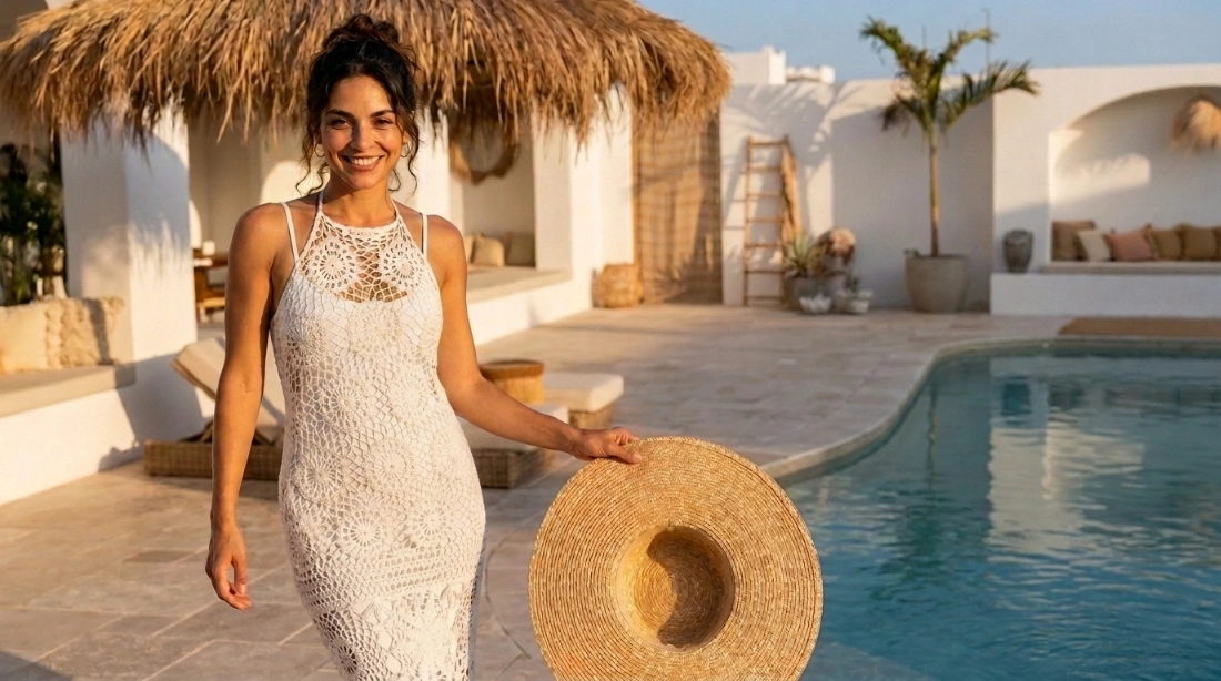 Woman wearing handmade crochet maxi dress poolside, crochet Etsy side hustle
