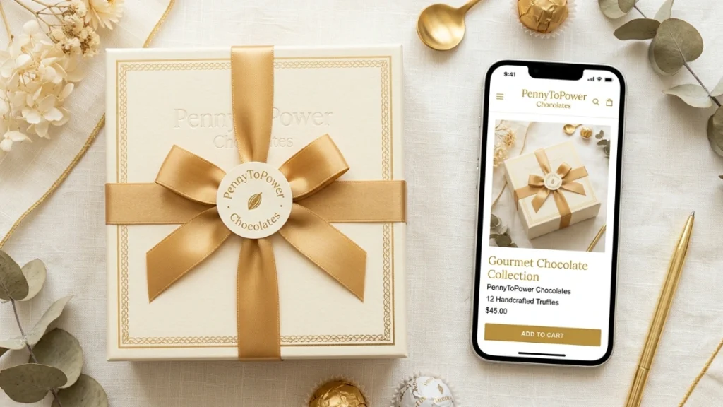 Branded packaging and online listing for a homemade chocolate gift business
