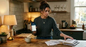 Woman budgeting for late child support while checking bills at home