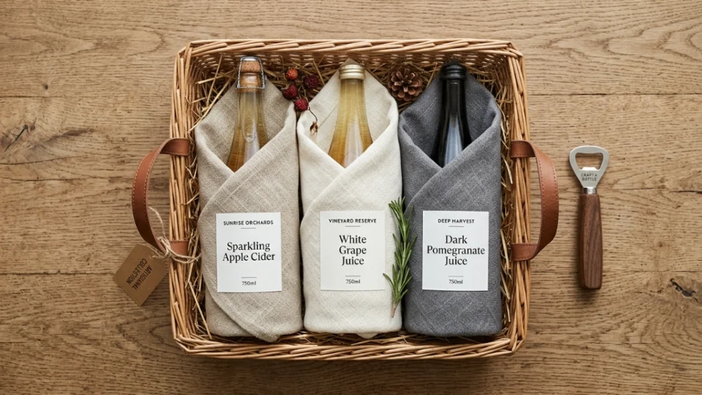 Juices basket for a home gift basket business, three bottles styled
