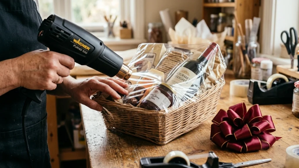 Shrink wrap technique for a home gift basket business