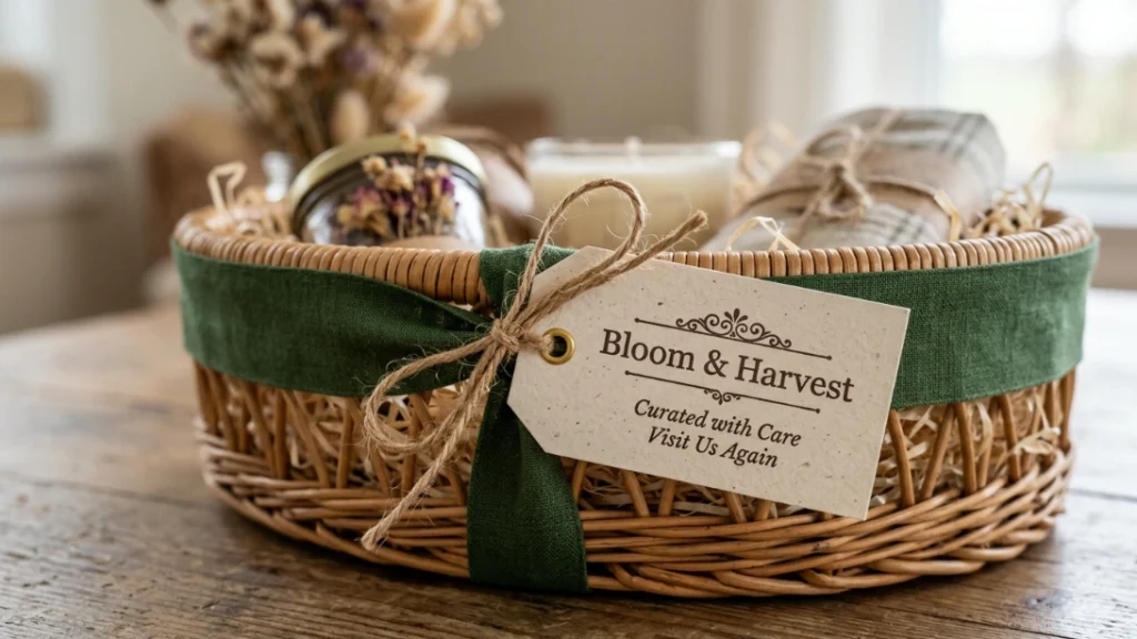 Branded gift tag, marketing for a home gift basket business