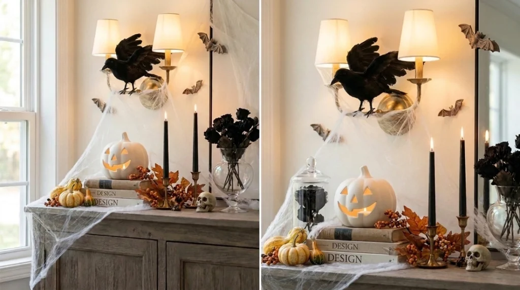 Faux crow perched above white jack-o'-lantern, elegant Halloween decor vignette