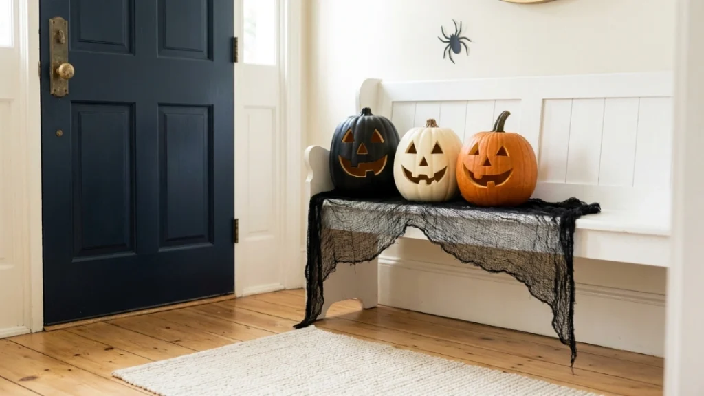 Elegant Halloween decor entryway with black cheesecloth runner and neutral pumpkins