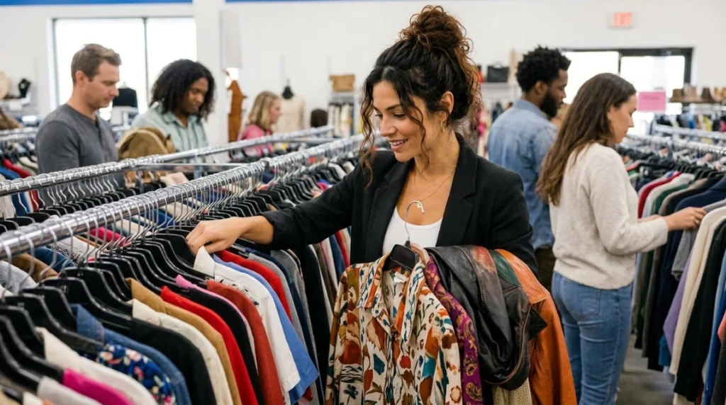 Woman thrift flipping for beginners sorting seasonal donation racks