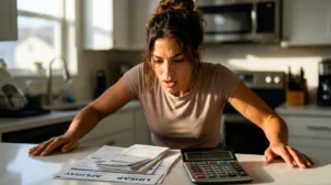 Woman reacting to a tight low income family budget calculation at her kitchen counter