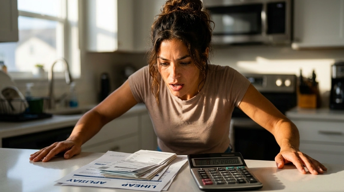 Woman reacting to a tight low income family budget calculation at her kitchen counter
