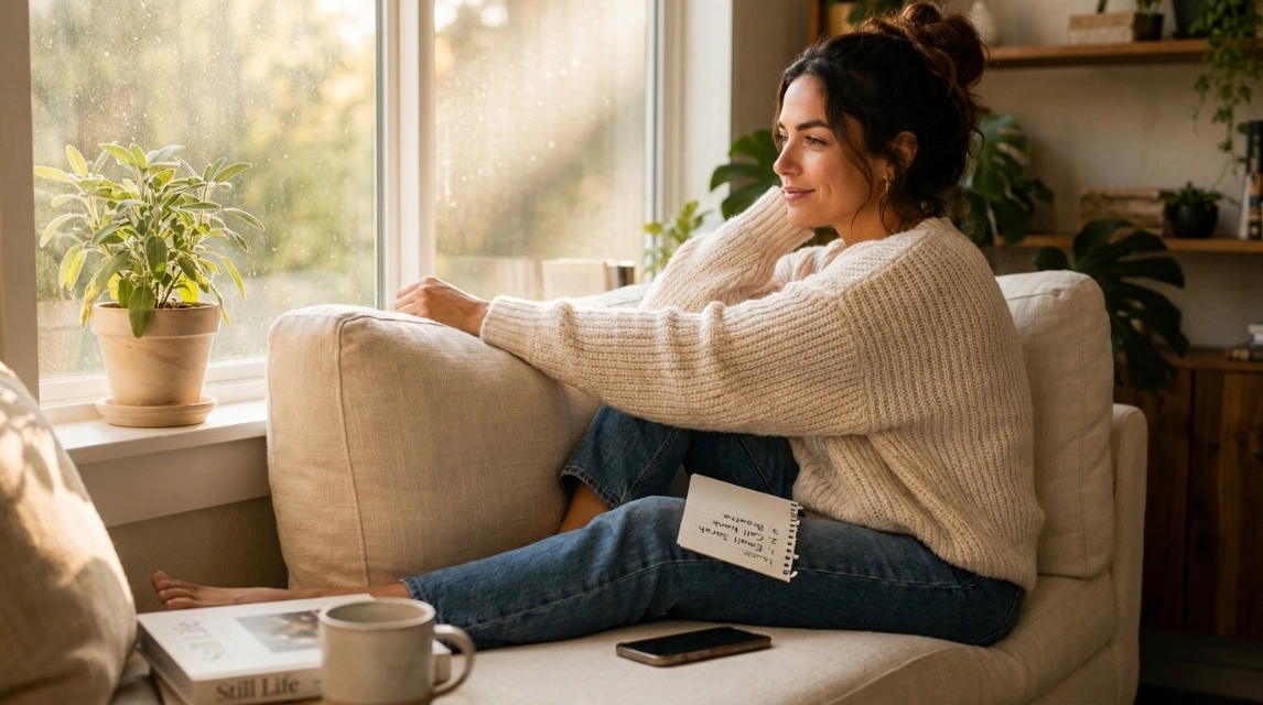 Woman with handwritten no-buy list in sunlit window seat, no buy year beginners