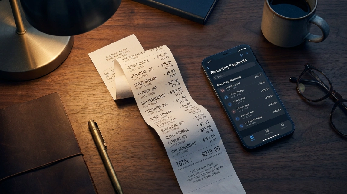 Hidden subscription costs 2026 — receipt totaling $219 next to a phone showing recurring payments