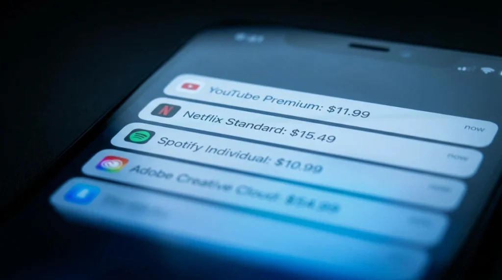 Hidden subscription costs 2026 shown as stacked charge notifications on a phone screen