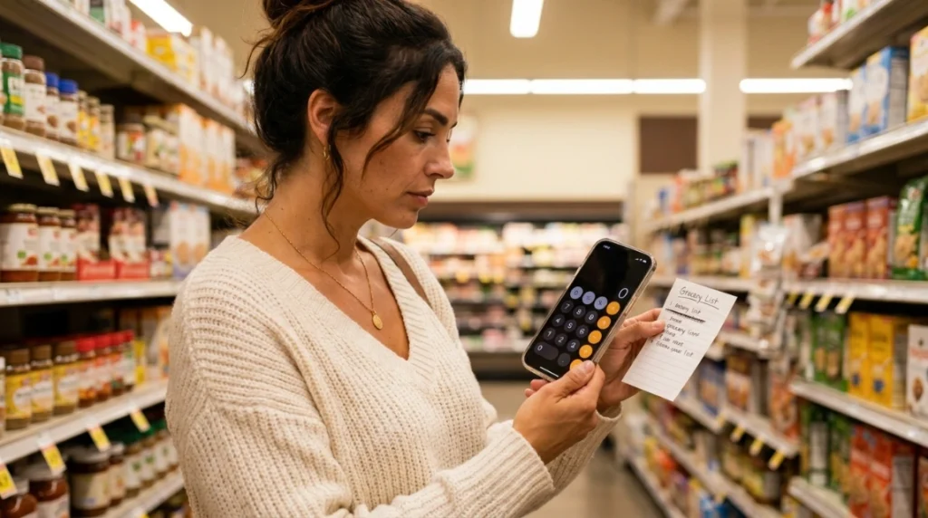 Woman checking handwritten list against calculator in grocery store, no buy year month one
