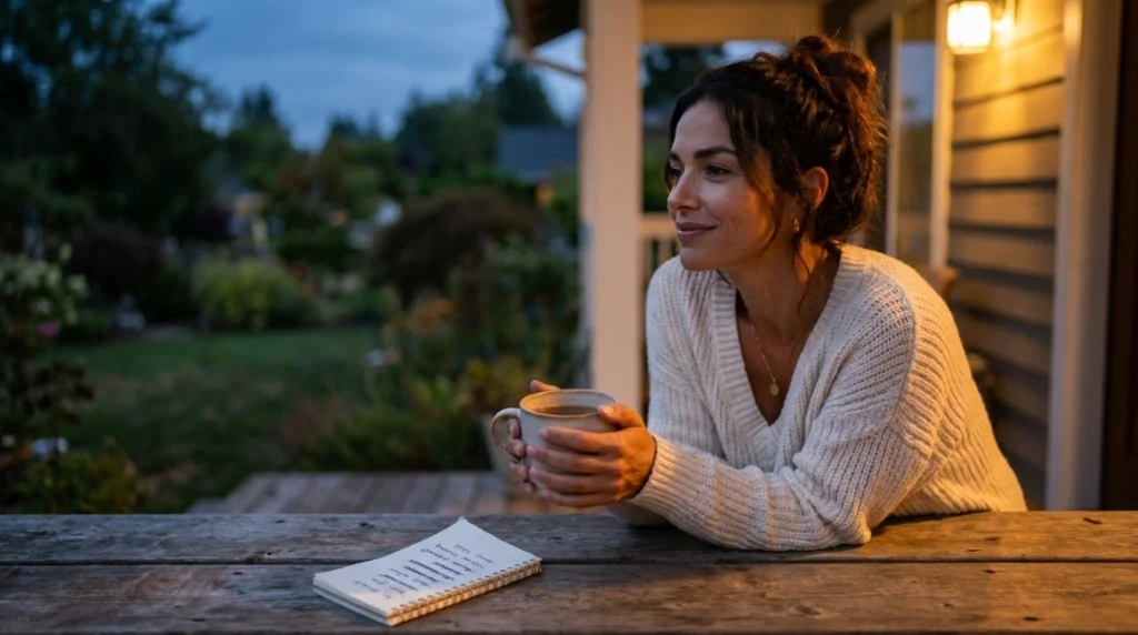 Woman with completed crossed-out no-buy list on porch at dusk, no buy year month three