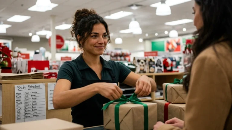 Woman wrapping gifts quickly for seasonal holiday income at a retail gift-wrap station