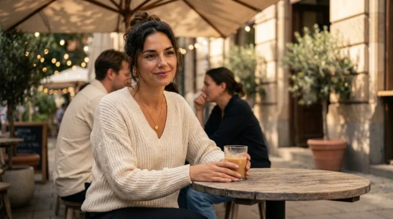 Woman confidently talking with friends at outdoor cafe, loud budgeting friends conversation