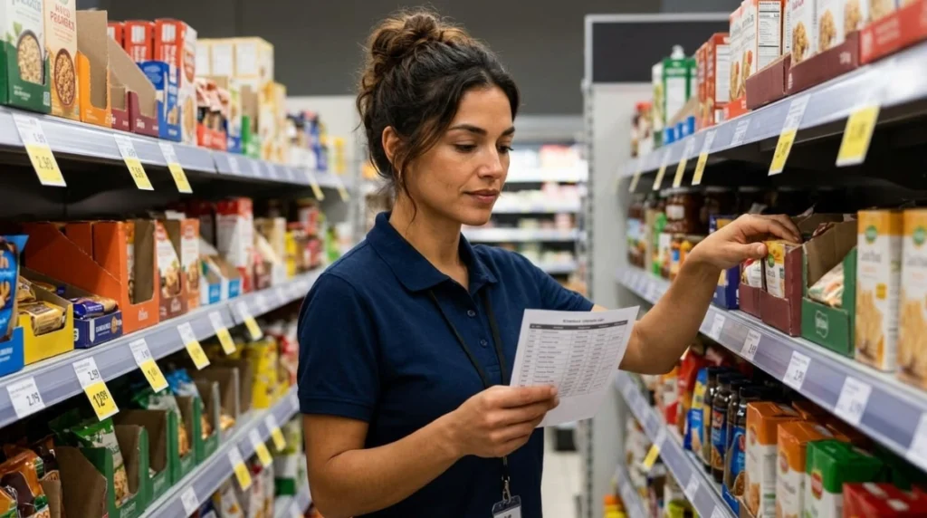 Retail worker checking her schedule during seasonal holiday income shift