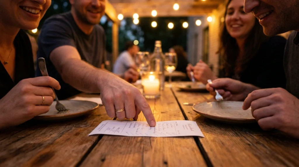 Friends dividing a restaurant bill by item, loud budgeting friends scenario