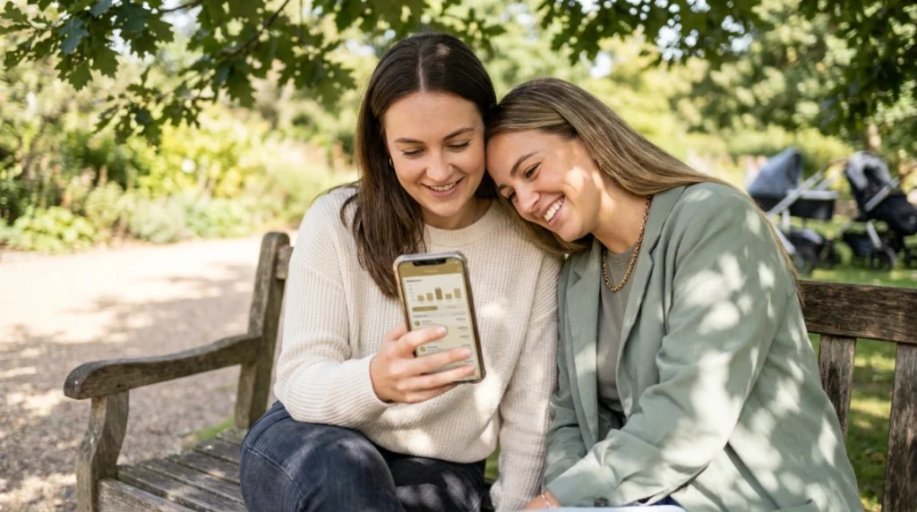 Two friends looking at a budgeting app on a park bench, loud budgeting friends support