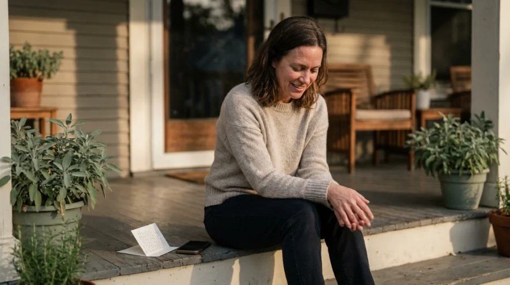 Woman relieved after a loud budgeting conversation on her front porch