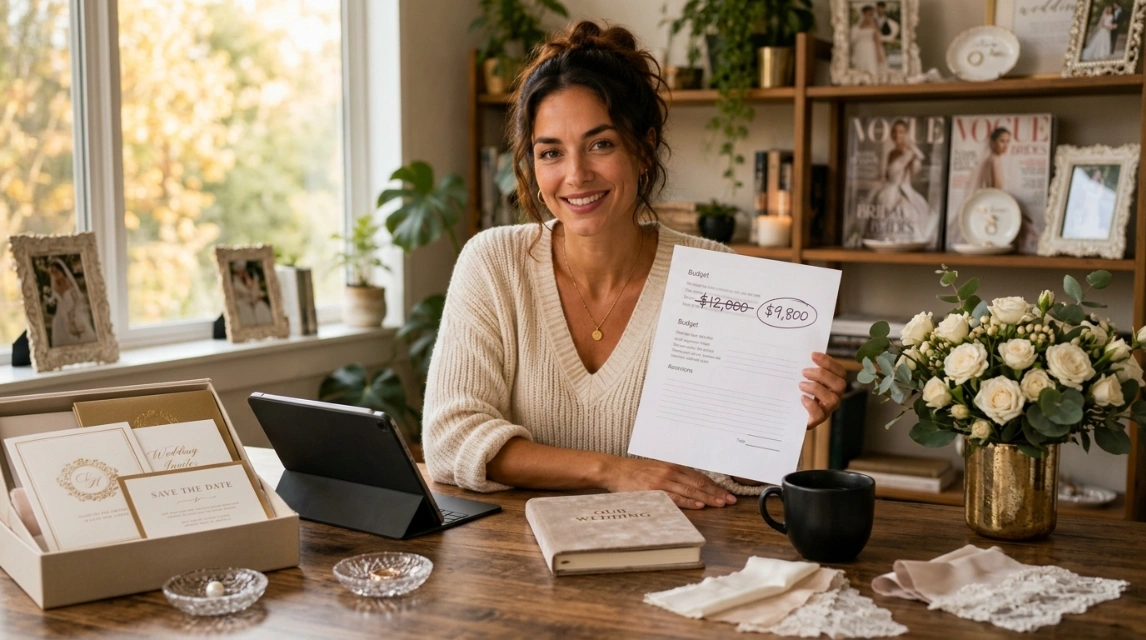 Bride reviewing plans outdoors while organizing an eco-friendly budget wedding in a garden venue