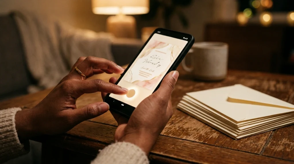 Hands sealing a digital wedding invite, a simple zero waste wedding paper goods choice