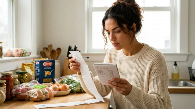 Woman comparing prices to lower her grocery bill without coupons