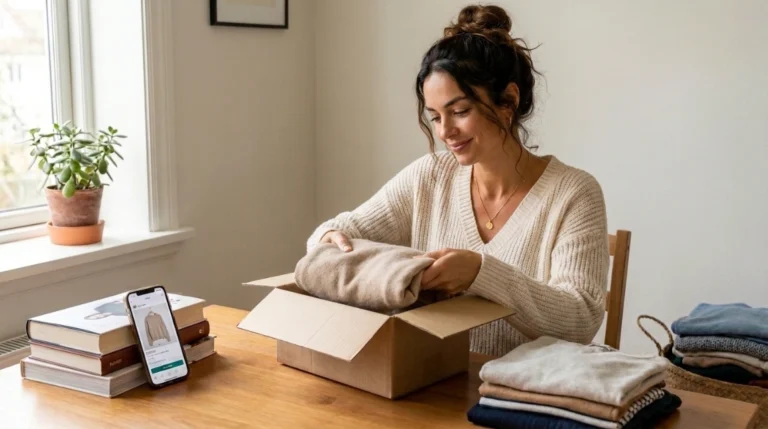 Woman packing a Poshmark order with no followers on Poshmark yet